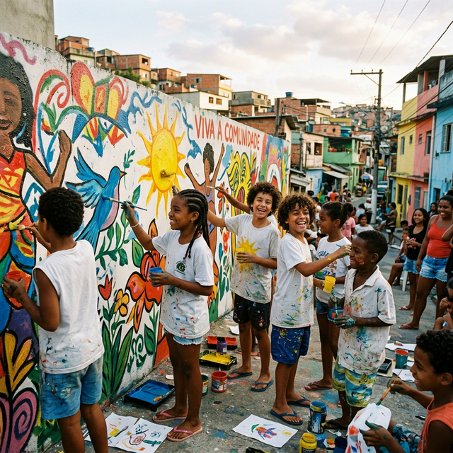 Crianças e jovens em atividade de arte comunitária