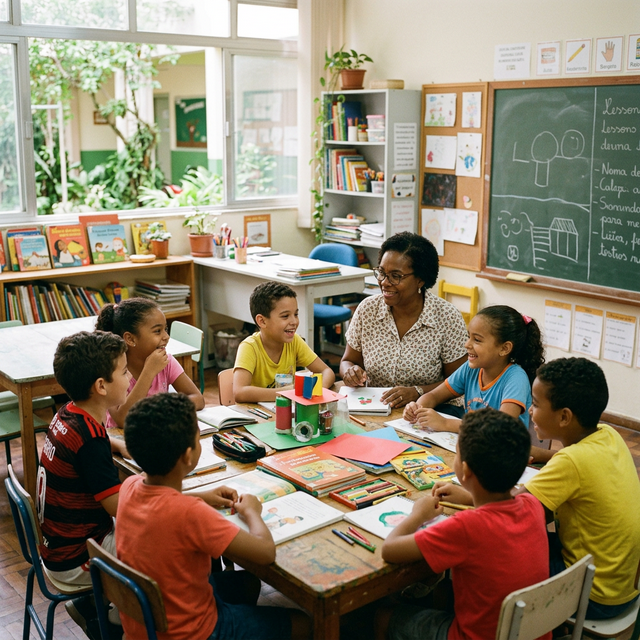 Crianças em sala de aula colaborativa